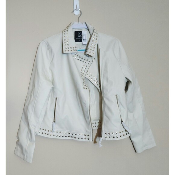 NWT NYC Washable Faux Leather Graphic Moto Jacket Drive Guitar Ivory Studded Med - Picture 3 of 9
